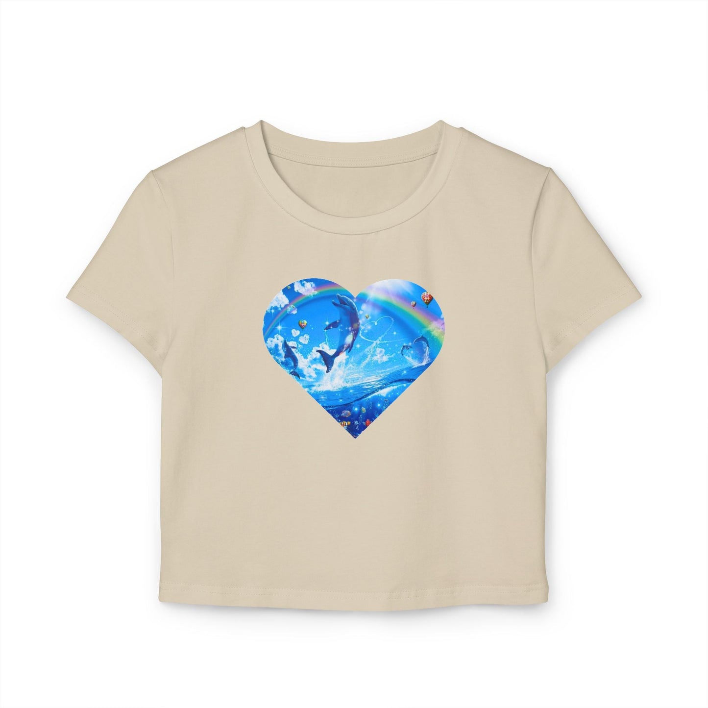 Viral Symphony Dolphin Heart Baby Tee, 90s Inspired Rainbow Crop Top, TikTok Meme Shirt, Zara Larsson Merch, Y2k Inspired Baby Tee T-Shirt - Clarity Threads