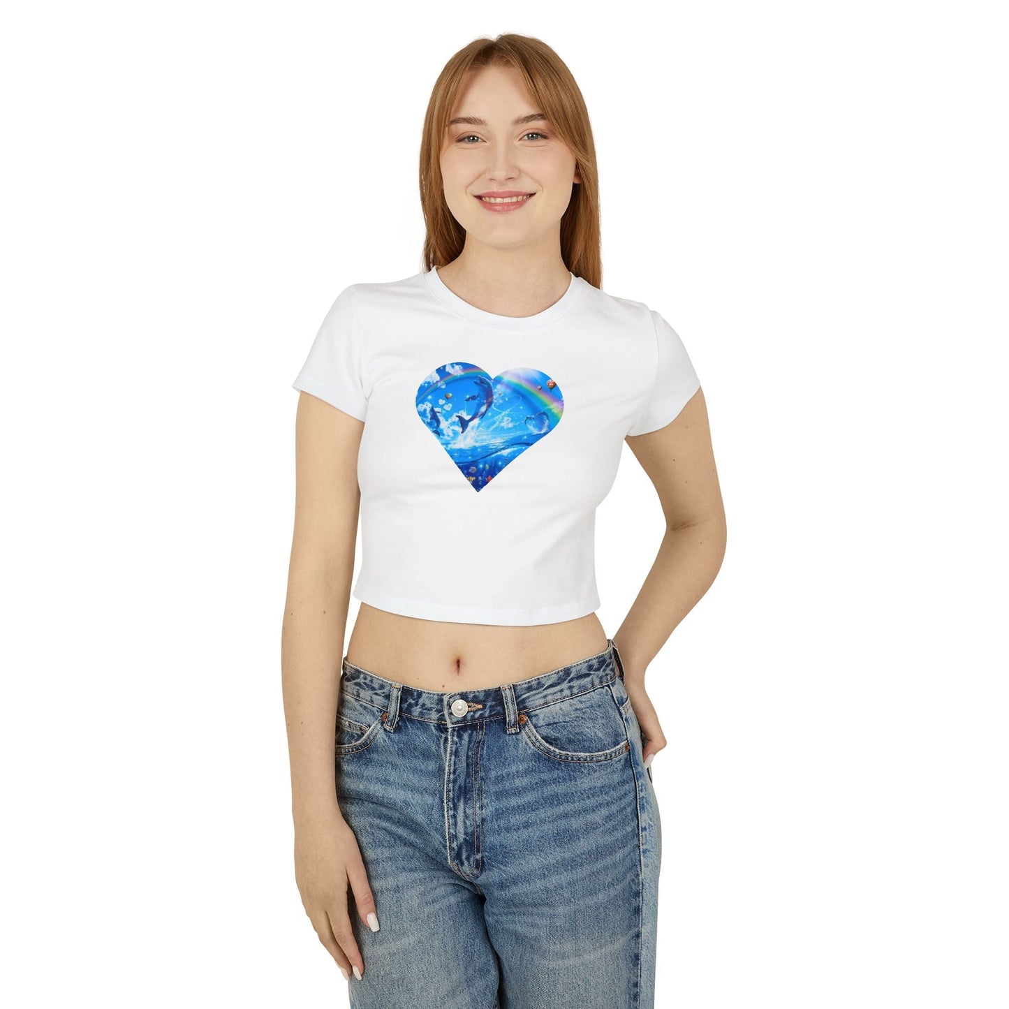 Viral Symphony Dolphin Heart Baby Tee, 90s Inspired Rainbow Crop Top, TikTok Meme Shirt, Zara Larsson Merch, Y2k Inspired Baby Tee T-Shirt - Clarity Threads