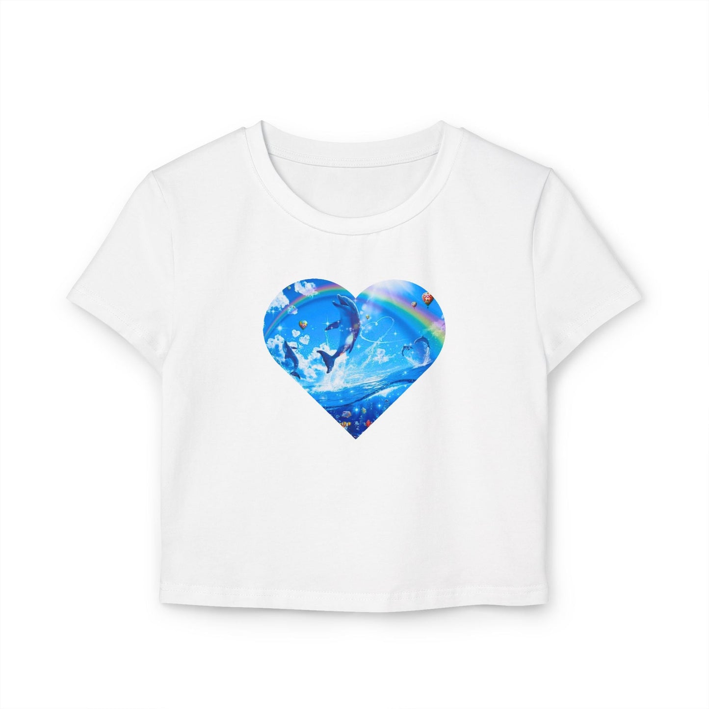 Viral Symphony Dolphin Heart Baby Tee, 90s Inspired Rainbow Crop Top, TikTok Meme Shirt, Zara Larsson Merch, Y2k Inspired Baby Tee T-Shirt - Clarity Threads