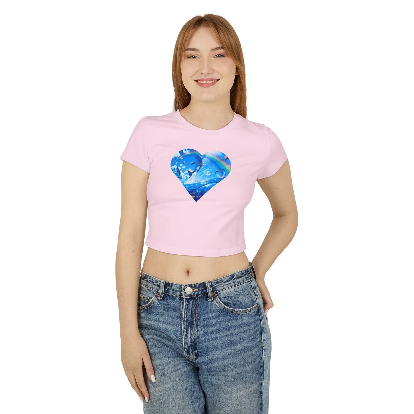 Viral Symphony Dolphin Heart Baby Tee, 90s Inspired Rainbow Crop Top, TikTok Meme Shirt, Zara Larsson Merch, Y2k Inspired Baby Tee T-Shirt - Clarity Threads