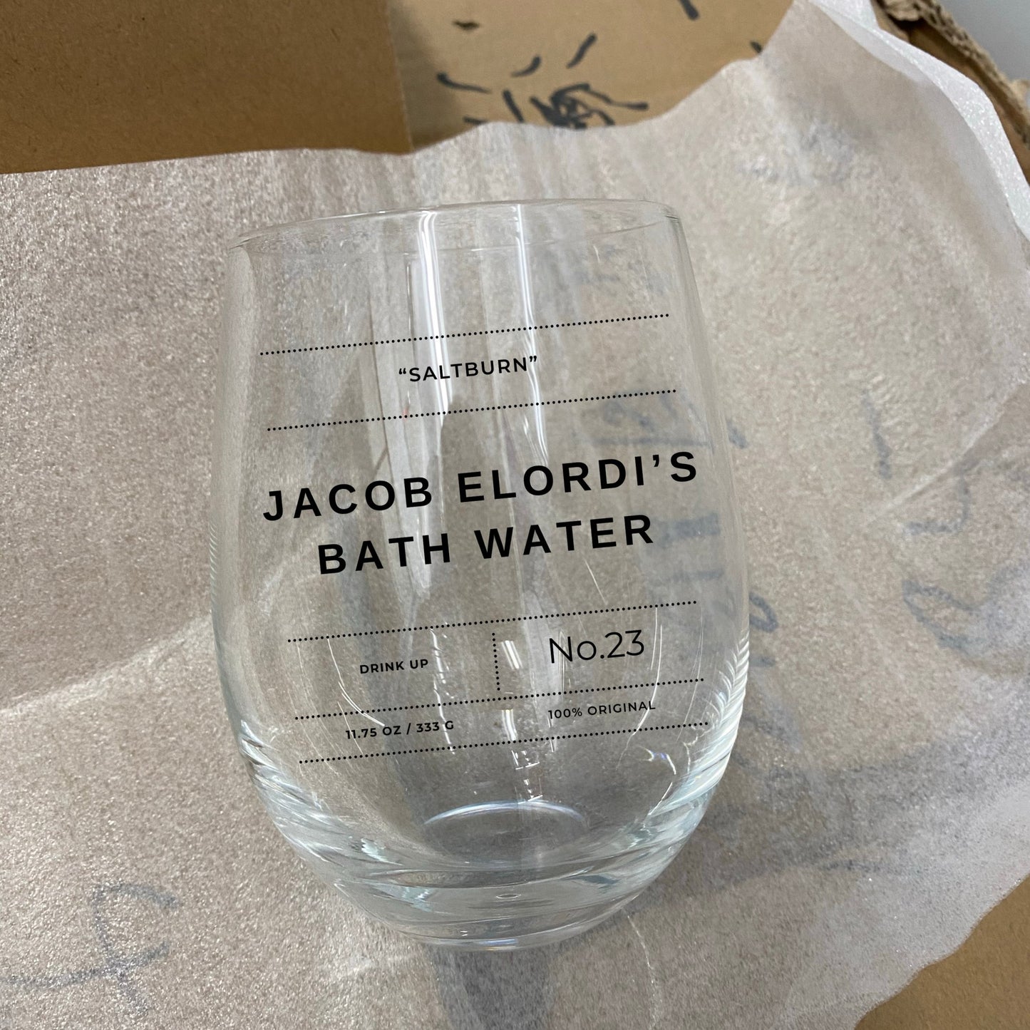 Jacob Elordi's Bath Water Stemless Wine Glass, Jacob Elordi, Barry Keoghan, Saltburn Movie, Saltburn Merch, Stemless Wine Glass Wine Glass - Clarity Threads