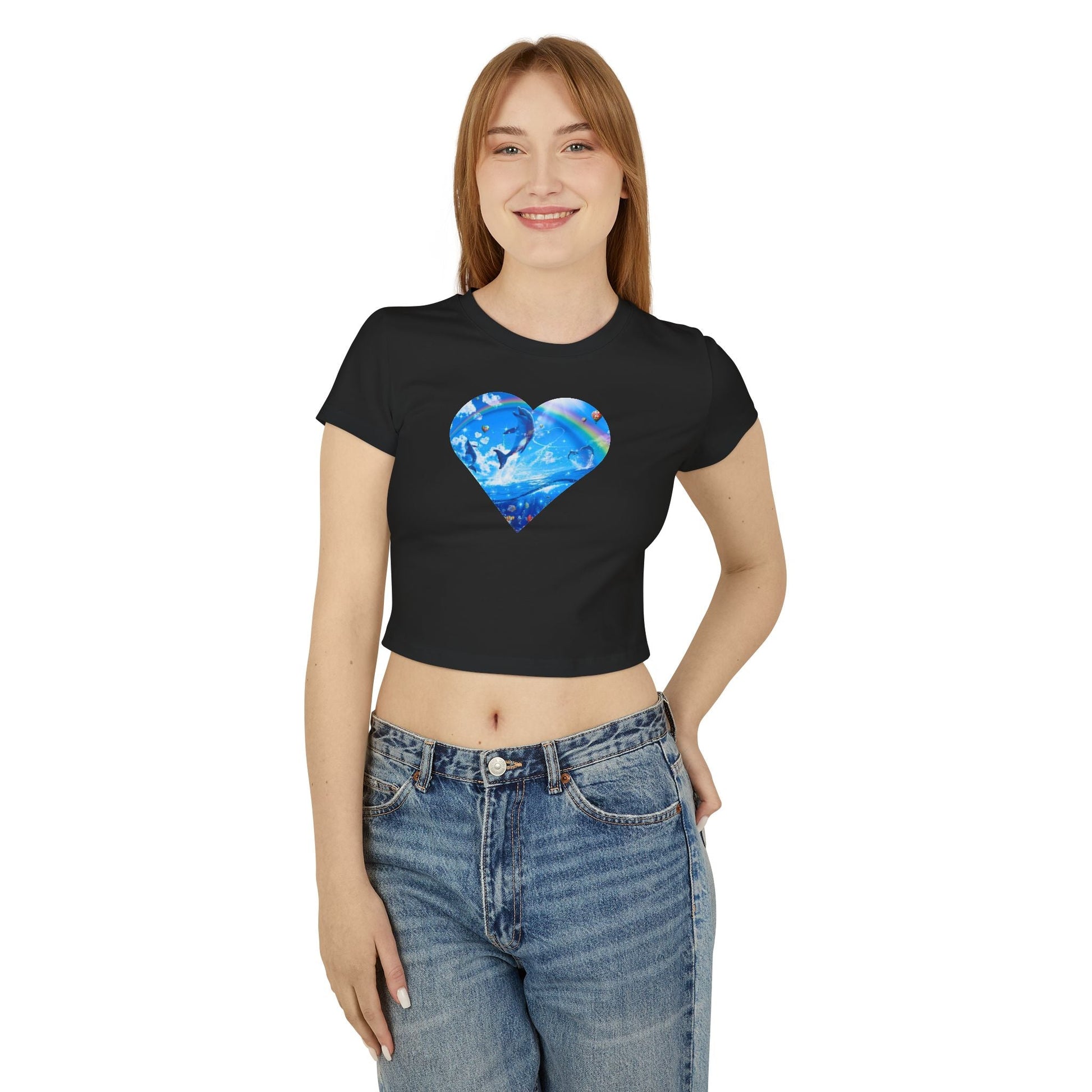 Viral Symphony Dolphin Heart Baby Tee, 90s Inspired Rainbow Crop Top, TikTok Meme Shirt, Zara Larsson Merch, Y2k Inspired Baby Tee T-Shirt - Clarity Threads