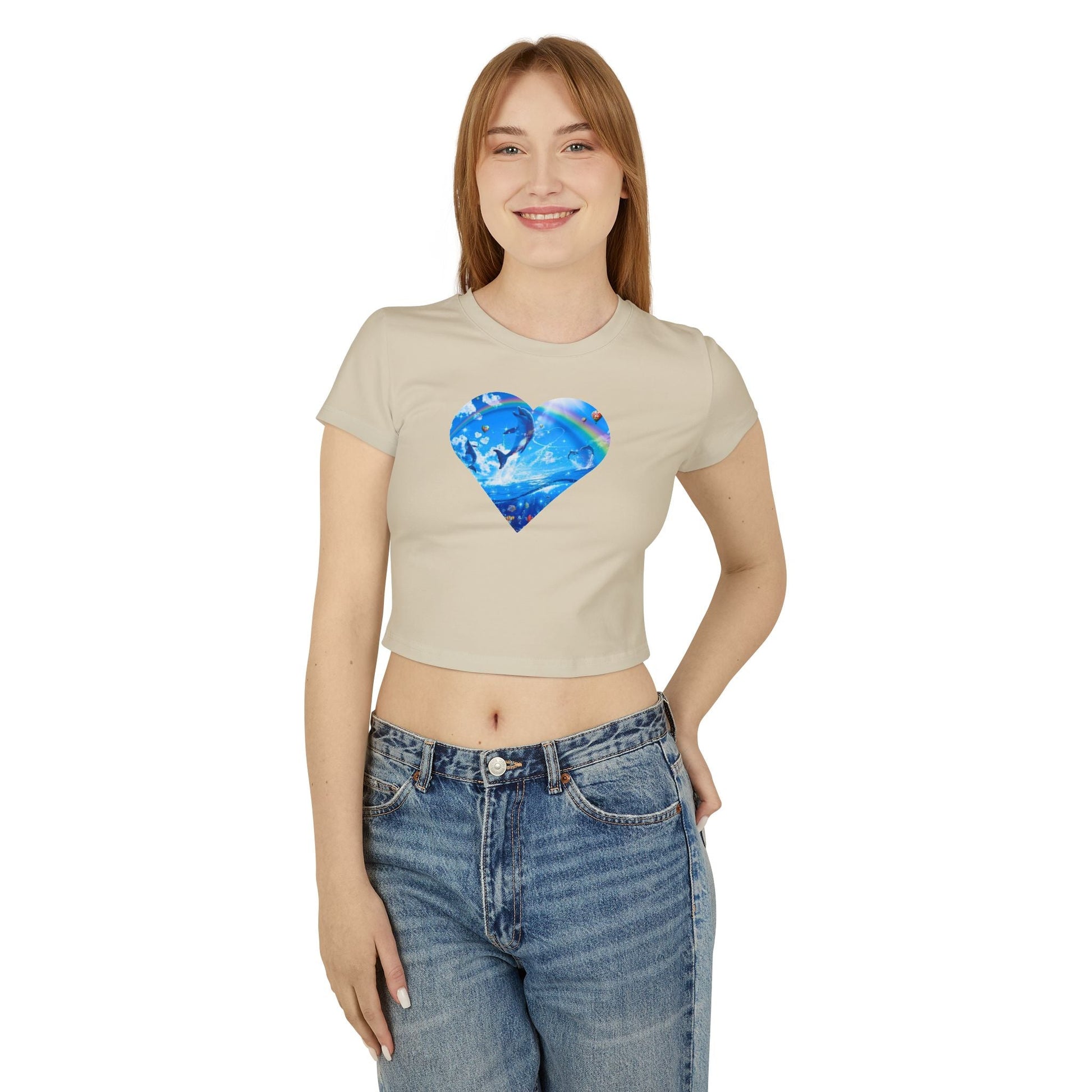 Viral Symphony Dolphin Heart Baby Tee, 90s Inspired Rainbow Crop Top, TikTok Meme Shirt, Zara Larsson Merch, Y2k Inspired Baby Tee T-Shirt - Clarity Threads