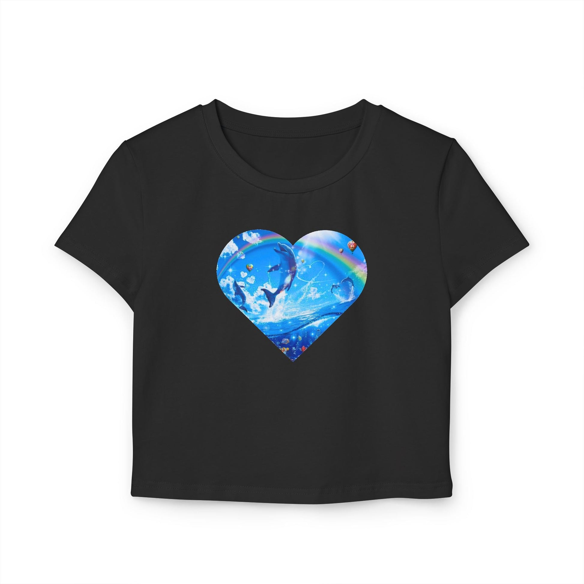 Viral Symphony Dolphin Heart Baby Tee, 90s Inspired Rainbow Crop Top, TikTok Meme Shirt, Zara Larsson Merch, Y2k Inspired Baby Tee T-Shirt - Clarity Threads